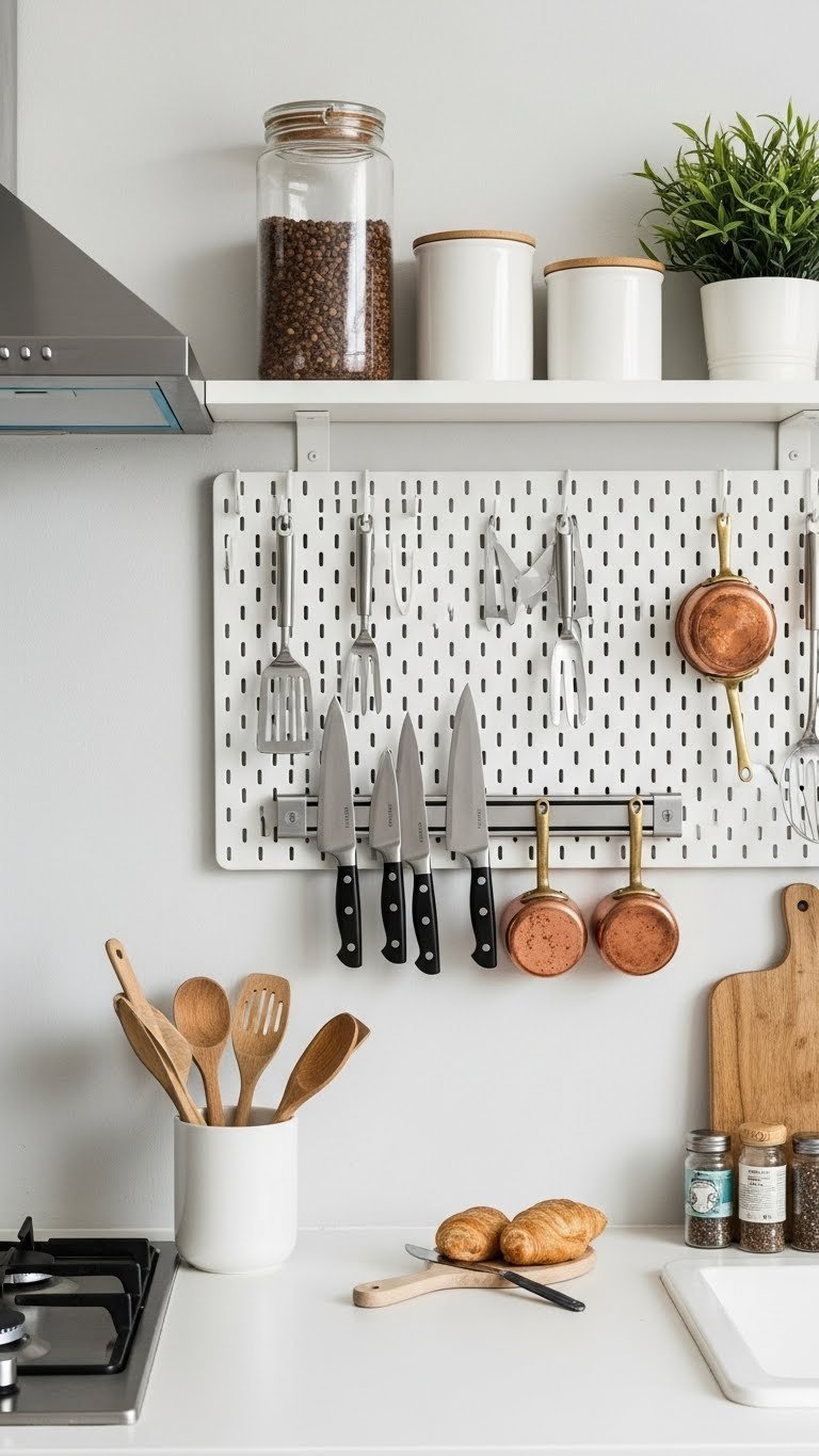 Kitchen wall with magnetic knife strip and pegboard holding utensils and cookware