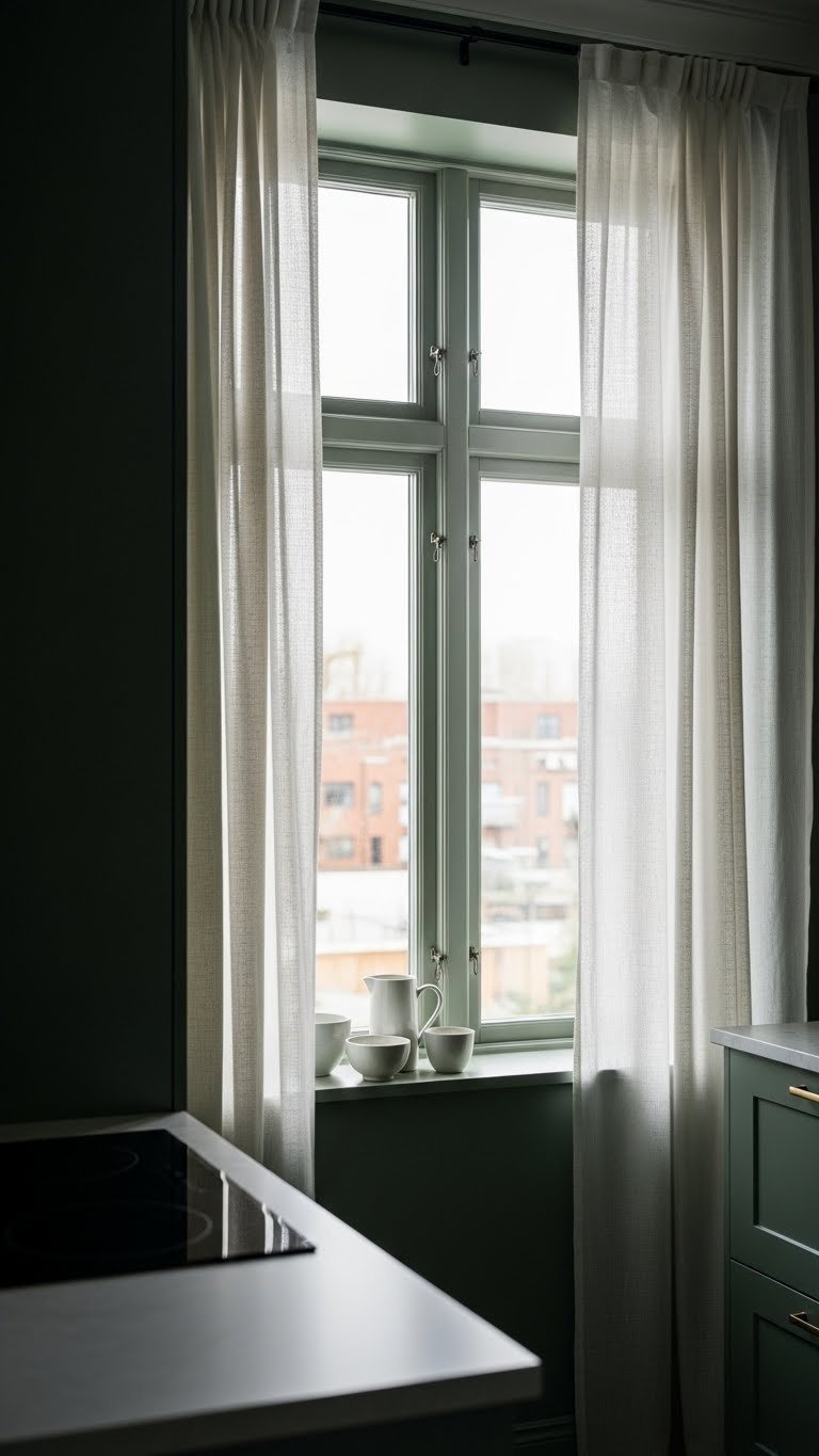 Kitchen window with deep forest green walls, sheer linen curtains, and white ceramics on the sill, bathed in natural light.