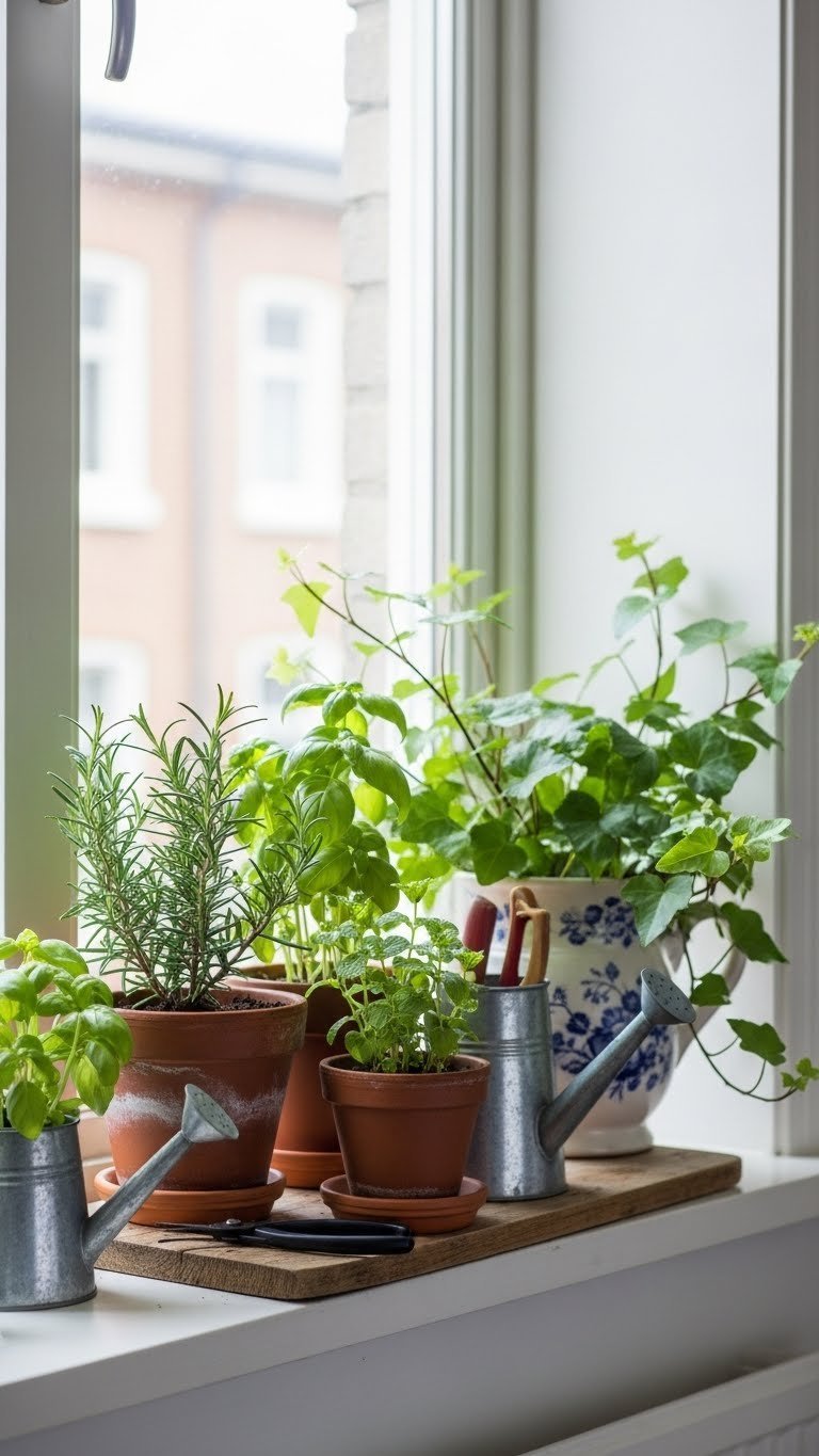 Kitchen windowsill adorned with potted herbs like basil and rosemary in terracotta pots alongside trailing ivy plant.