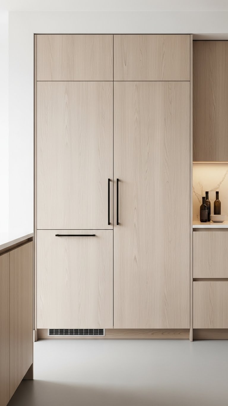 Kitchen with integrated panel-front fridge, dishwasher, downdraft vent. Flat wood cabinets, warm creams, natural woods.
