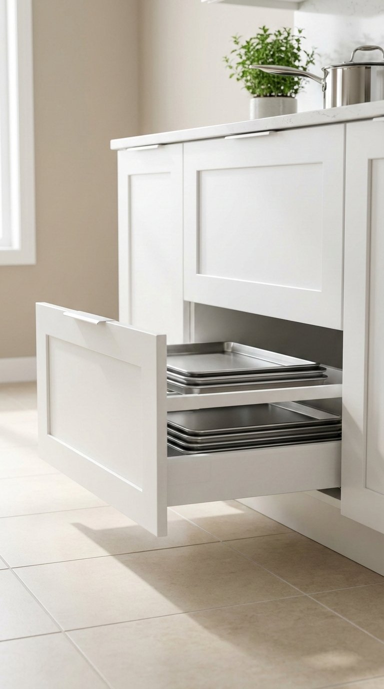 Small Kitchen Renovation: 5 Proven Ways To Maximize Your Space 9 Kitchen with integrated toe-kick drawer storing baking sheets under white cabinetry