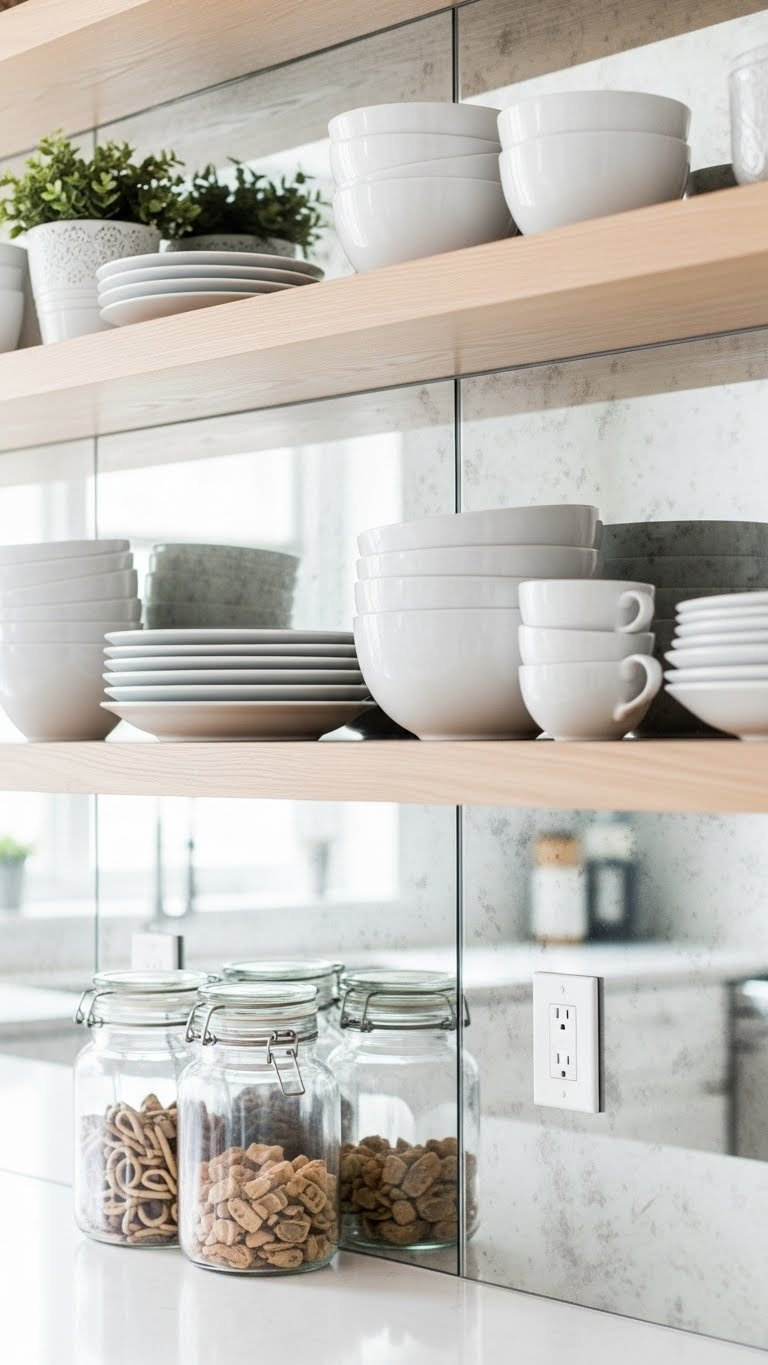 Kitchen with light wood open shelving and reflective mirrored backsplash creating bright, spacious interior illusion