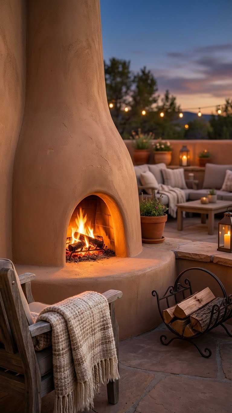 Outdoor Kitchen Mexican Style Ideas For Authentic Entertaining 15 Kiva-style outdoor fireplace with adobe-colored stucco and warm flickering fire in cozy patio seating area.
