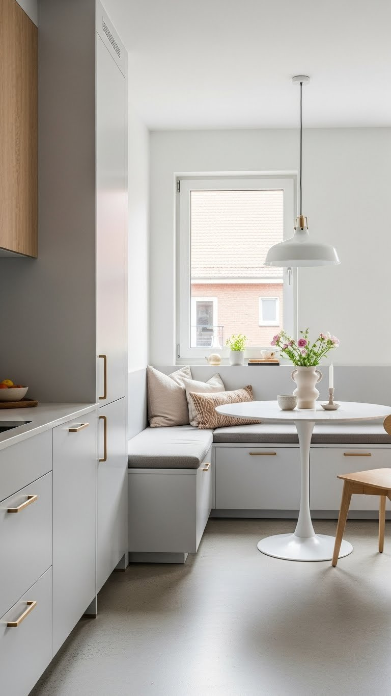 L-shaped 8x8 kitchen with integrated dining nook featuring light gray handleless cabinets and polished concrete flooring
