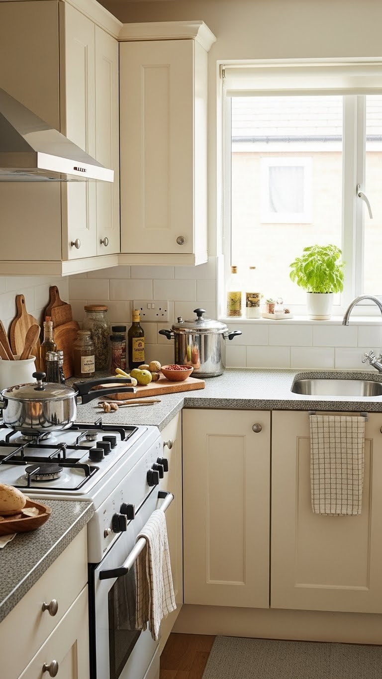 L-shaped Indian kitchen layout showcasing efficient work triangle with cooking range, sink, and refrigerator arrangement