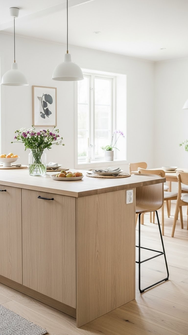L-shaped Scandinavian kitchen peninsula extending into dining area with fresh flowers and minimalist chairs