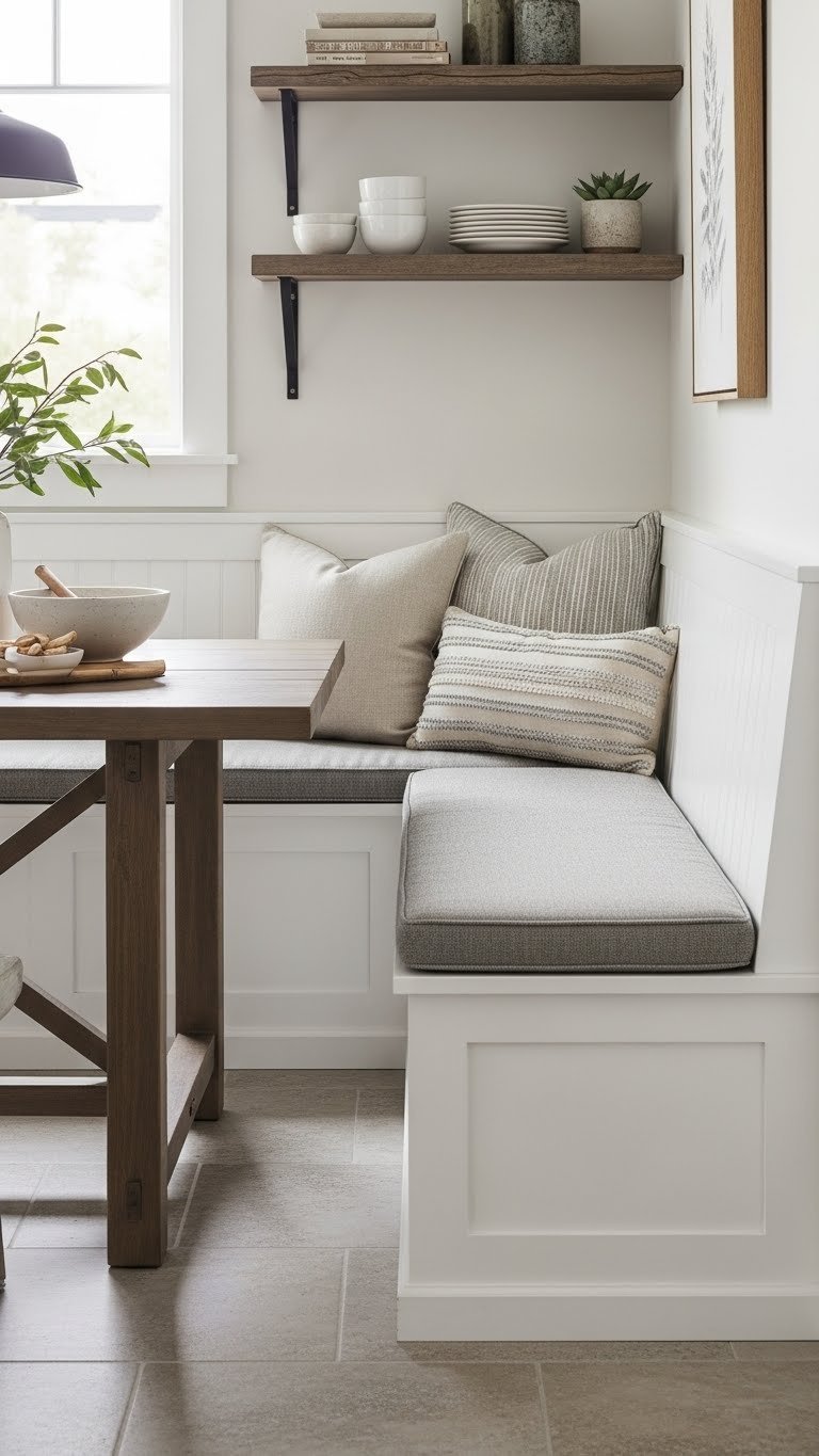 L-shaped built-in bench seating in rustic kitchen corner with under-seat storage and functional nook design.