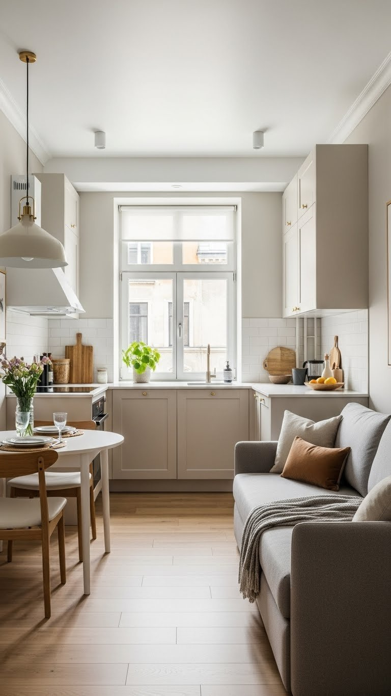 Small Kitchen Living Room Combo: 9 Genius Design Ideas 15 L-shaped kitchen layout efficiently utilizing corner with compact living area maintaining open traffic flow