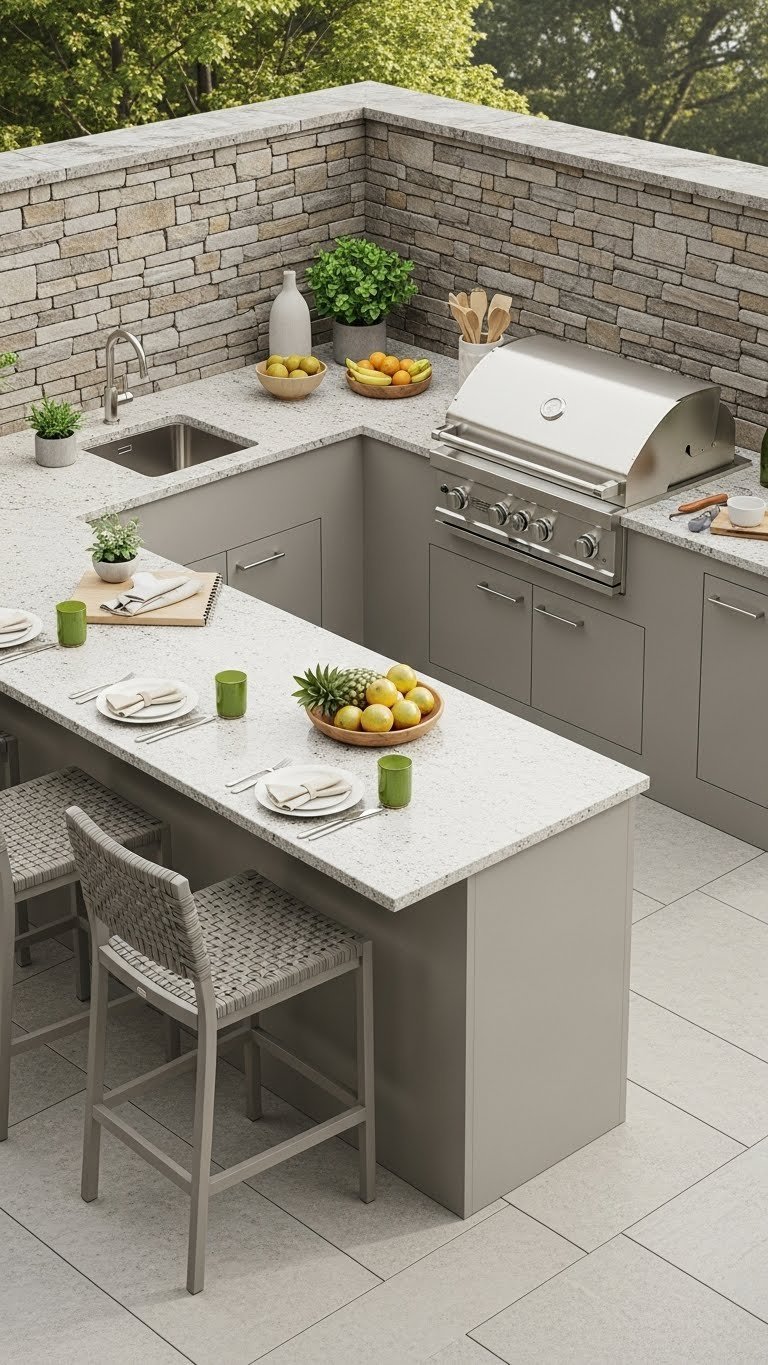 L-shaped outdoor kitchen design efficiently utilizing corner space with granite countertops
