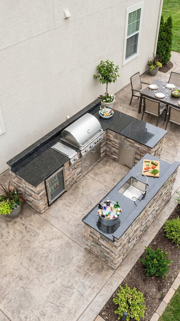 Outdoor Kitchen Extension Ideas That Create Seamless Indoor Outdoor 13 L-shaped outdoor kitchen layout with built-in grill, sink, and beverage fridge in stone construction