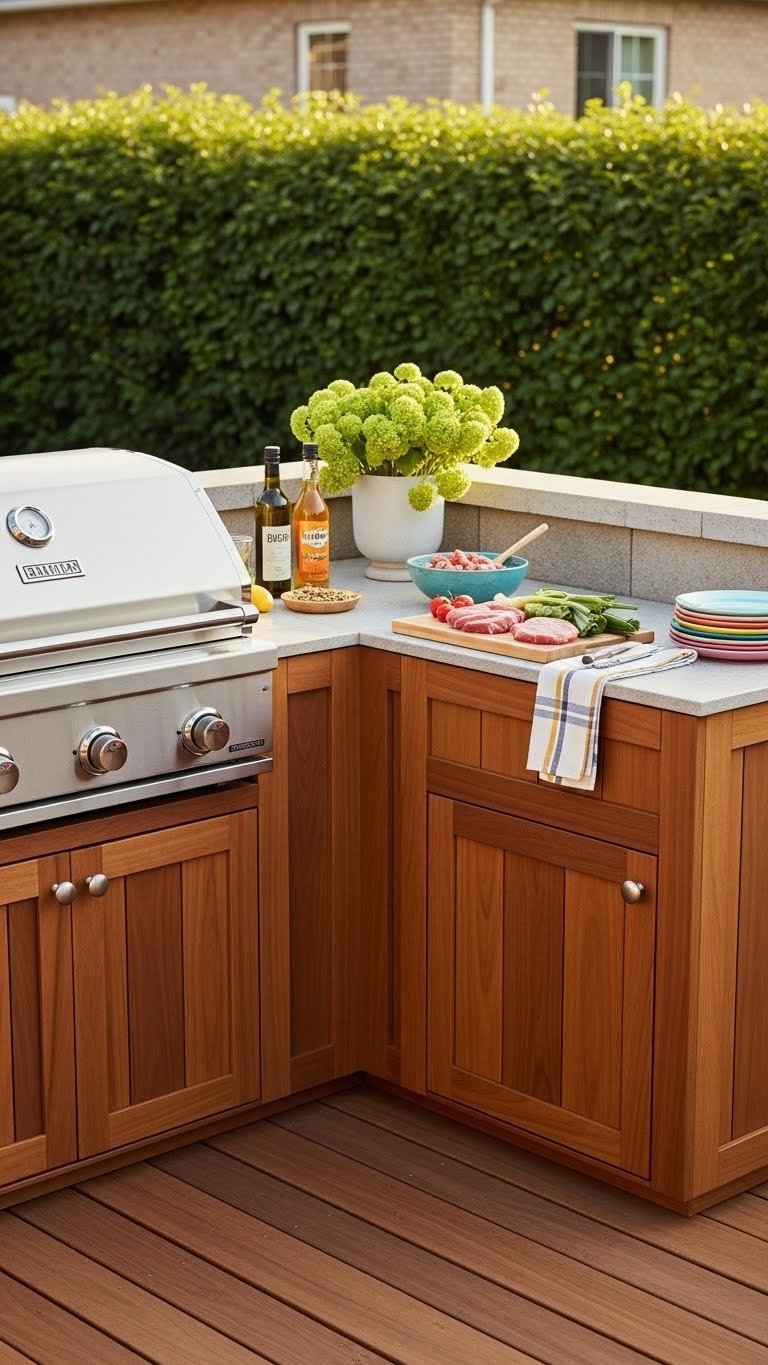 Small Outdoor Kitchen: 11 Smart Designs To Maximize Your Space 3 L-shaped outdoor kitchen setup with grill and prep area on rustic wooden deck with golden hour lighting