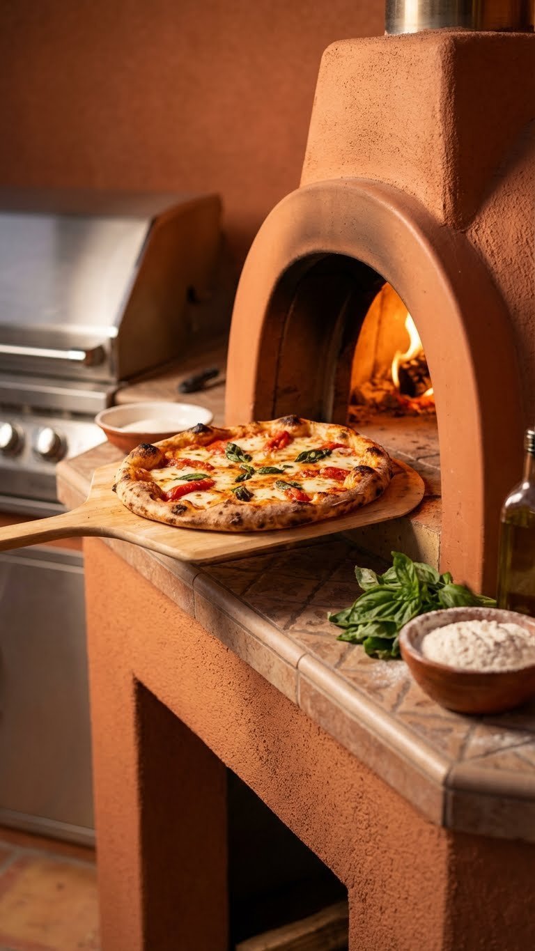 L-shaped outdoor kitchen with built-in grill and wood-fired pizza oven pulling fresh pizza from glowing oven