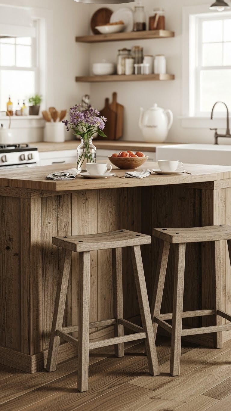 L-shaped rustic corner island made of reclaimed barn wood with butcher block top and two distressed wooden bar stools