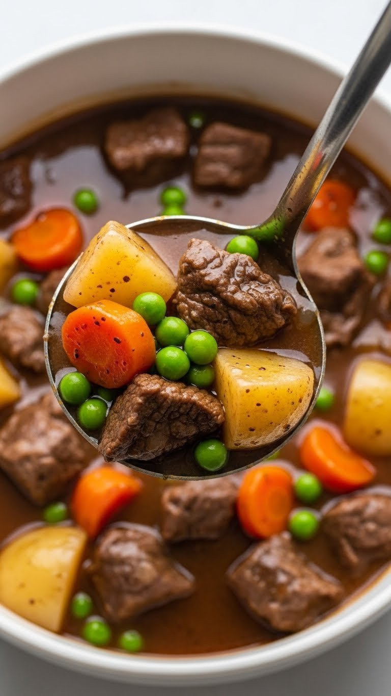 The Failproof Best Beef Stew Recipe For Cozy Dinners 11 Ladle lifting beef stew with potatoes carrots peas and tender beef