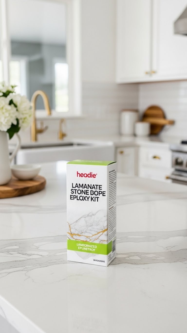 Laminate countertop transformed with faux stone epoxy kit mimicking marble quartz in renovated kitchen