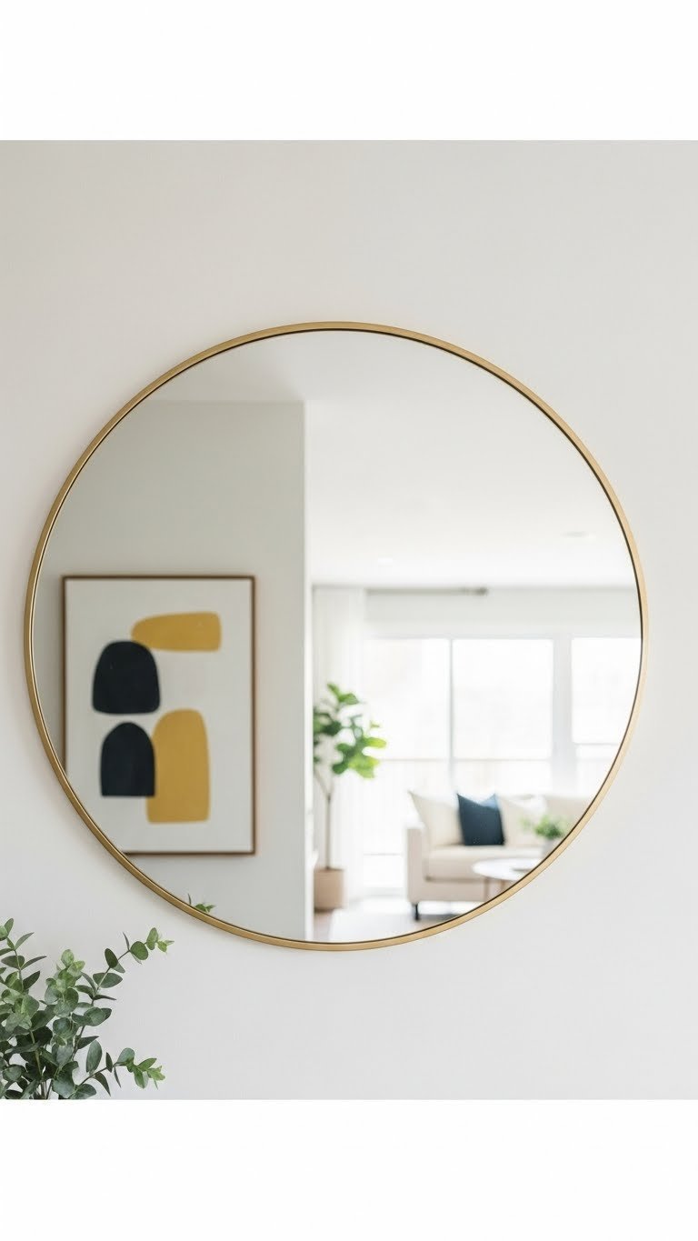 Large circular decorative mirror reflecting natural light in a bright open concept living room. White walls and soft yellow tones.