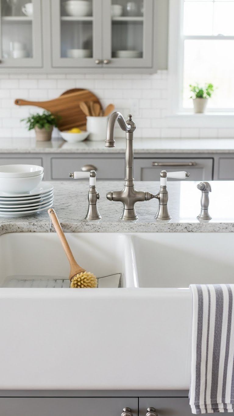 Large double-basin fireclay farmhouse sink with clear divider on light granite countertop with wooden dish brush and stack of white ceramic plates.