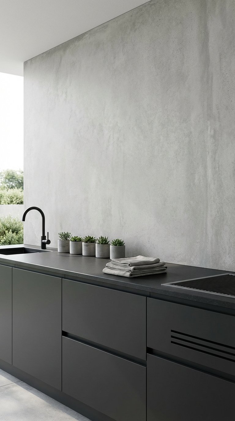 Outdoor Kitchen Tile Backsplash Ideas Materials And Installation Guide 17 Large format concrete-look porcelain panel backsplash with modern faucet on charcoal countertop