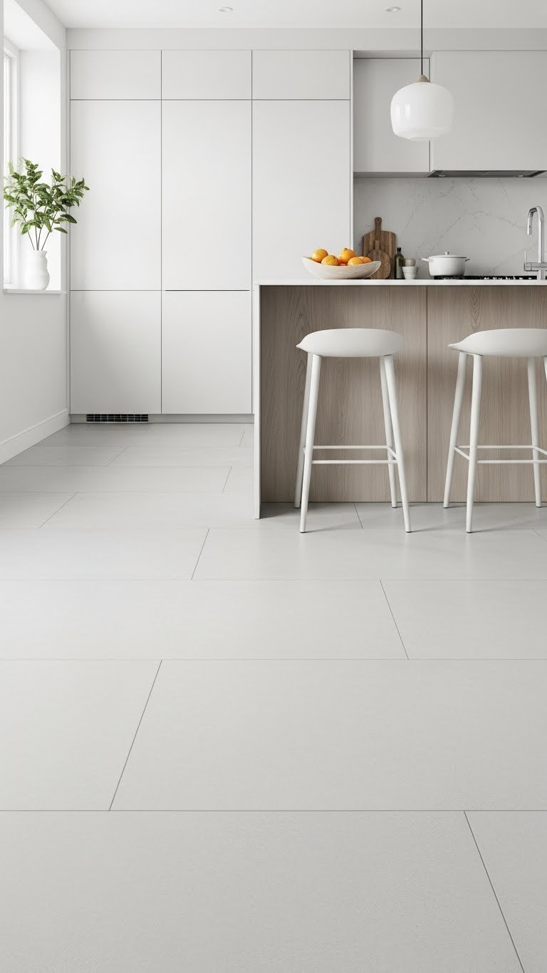 Large format minimalist tiles creating seamless surface in a bright Scandinavian kitchen with clean white cabinetry.