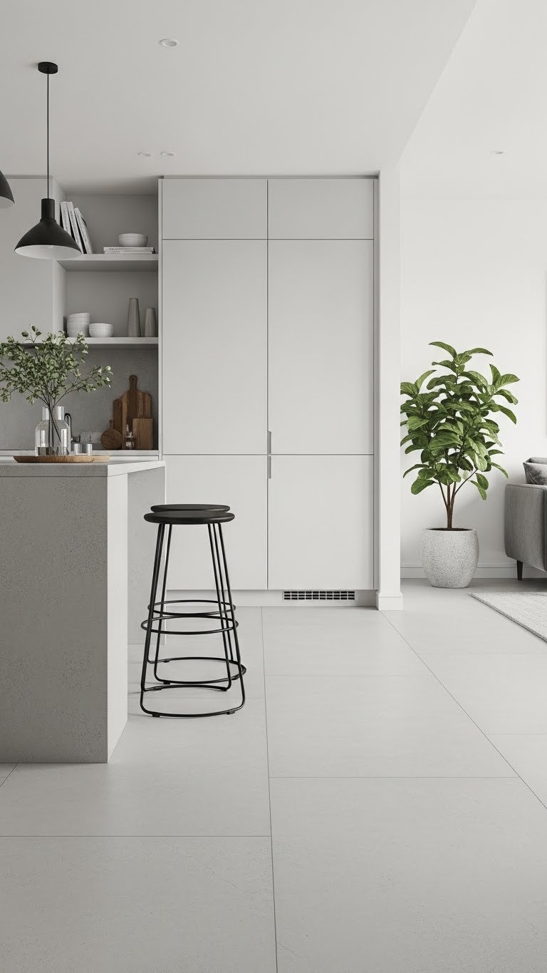 Large format polished concrete tiles creating seamless industrial-chic flooring in luxury kitchen space