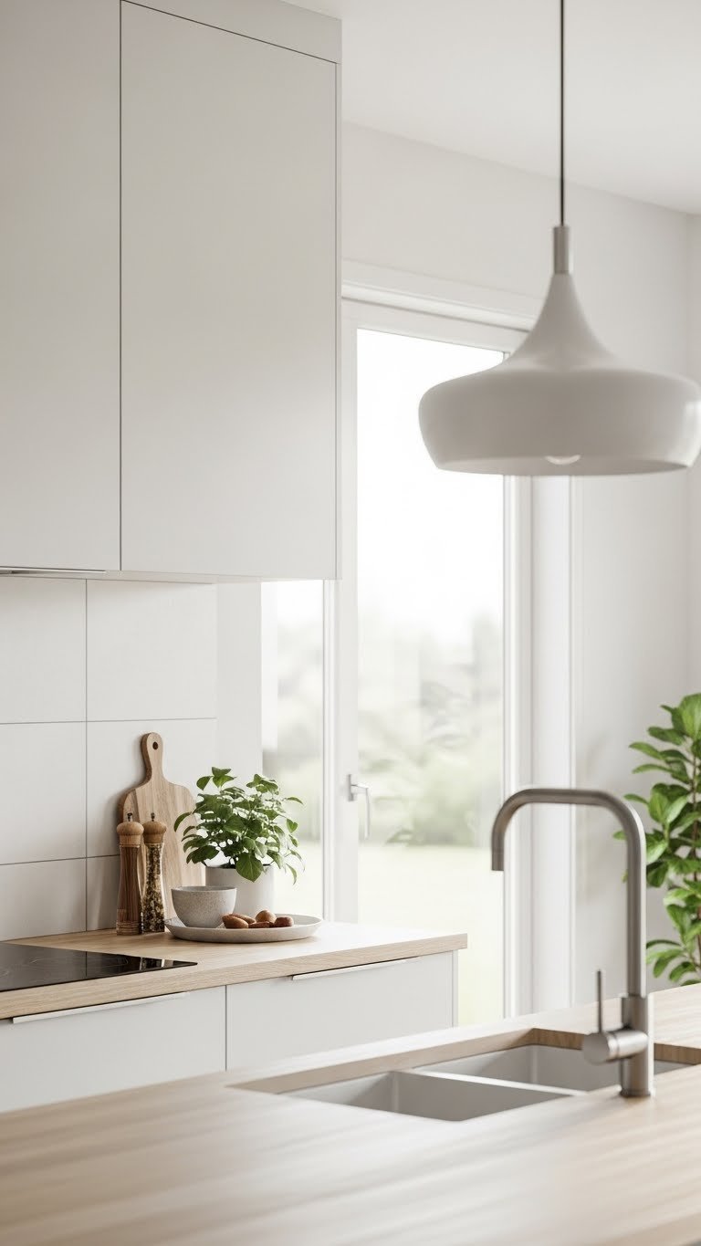 Large format porcelain tile backsplash with matte finish creating seamless surface with modern pendant light