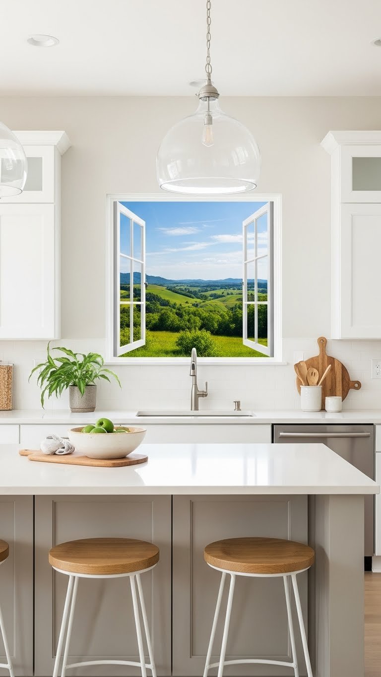 Large landscape art print creating faux window effect on wall in light-filled windowless kitchen