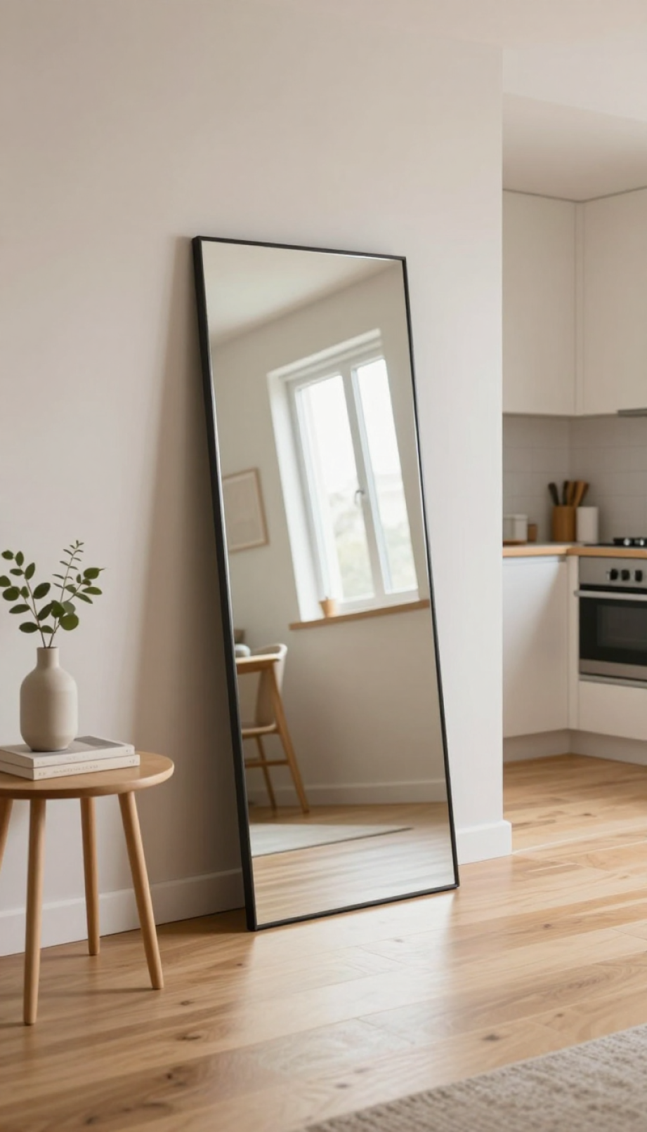Small Kitchen Living Room Combo: 9 Genius Design Ideas 13 Large minimalist floor-length mirror reflecting natural light and compact kitchen creating illusion of larger space