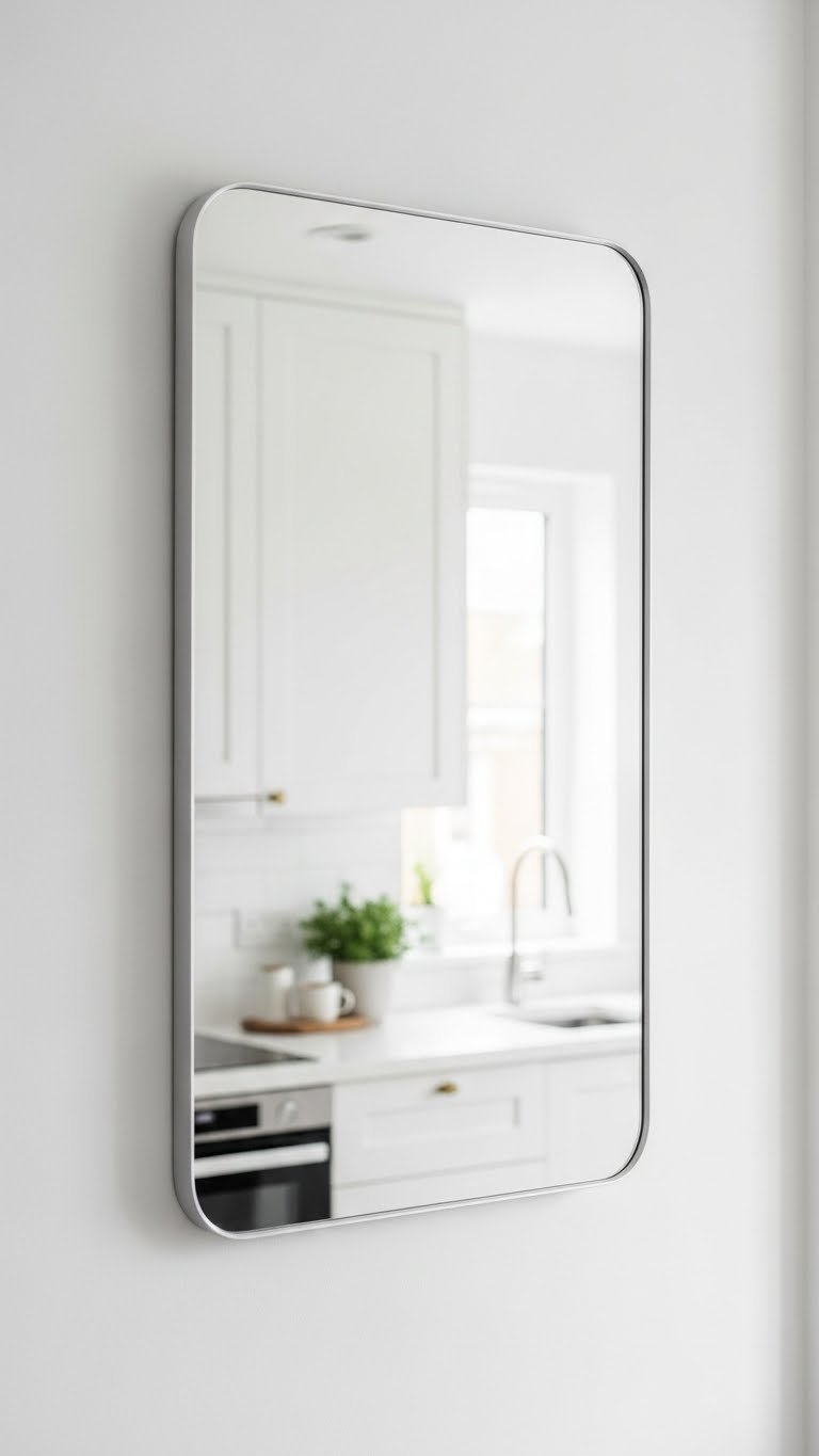 Large mirror mounted on small kitchen wall reflecting natural light to create illusion of space.