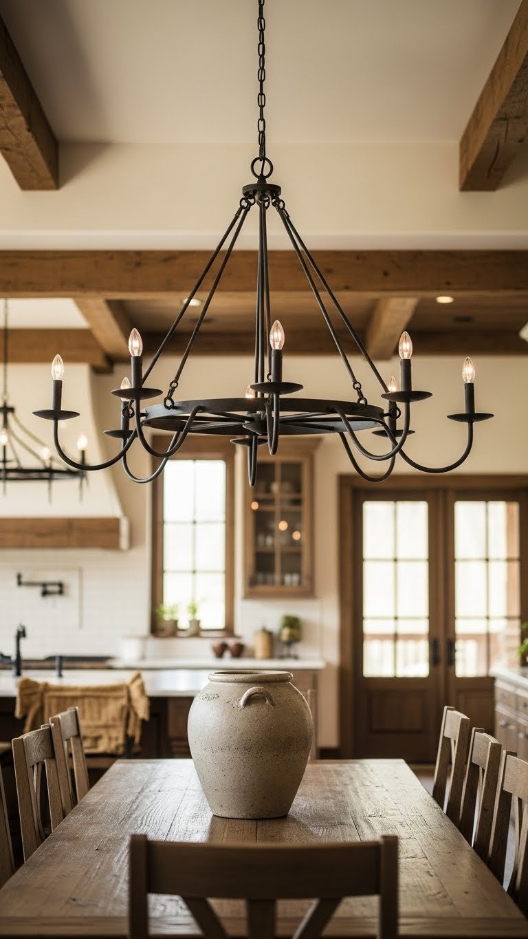 Large multi-arm wrought iron chandelier with candle-style bulbs hanging over rustic wooden dining table