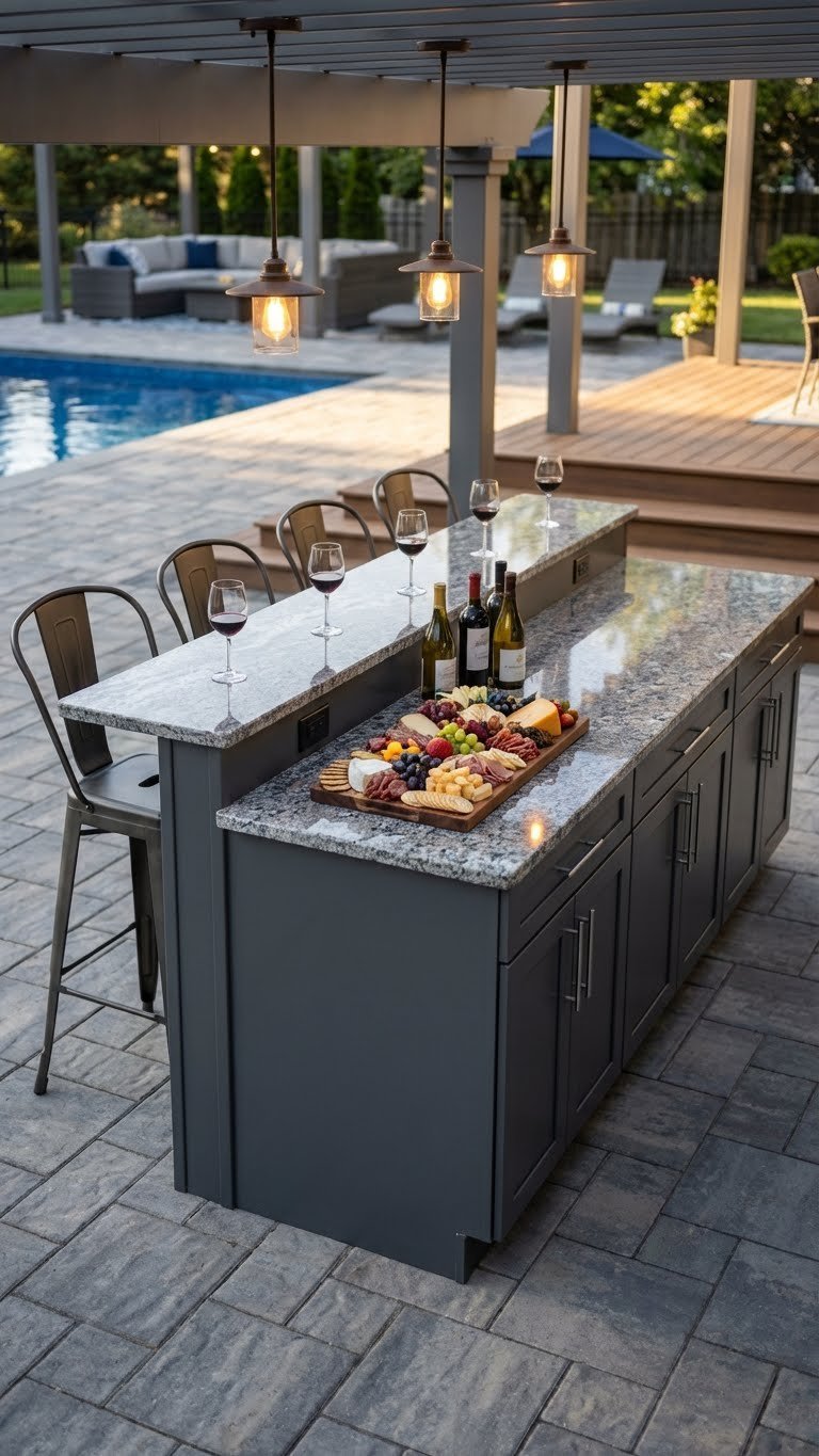 Outdoor Kitchen Cabinets Ideas For Stylish Durable Storage 14 Large multi-level outdoor kitchen island with granite countertops and bar seating for entertaining.
