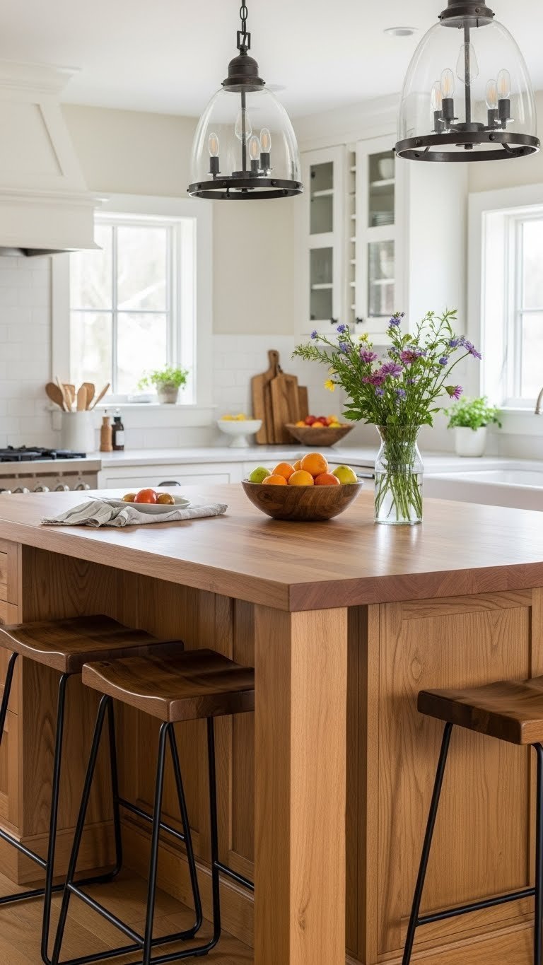 Large natural wood kitchen island with polished countertop and rustic bar stools in bright daylight setting