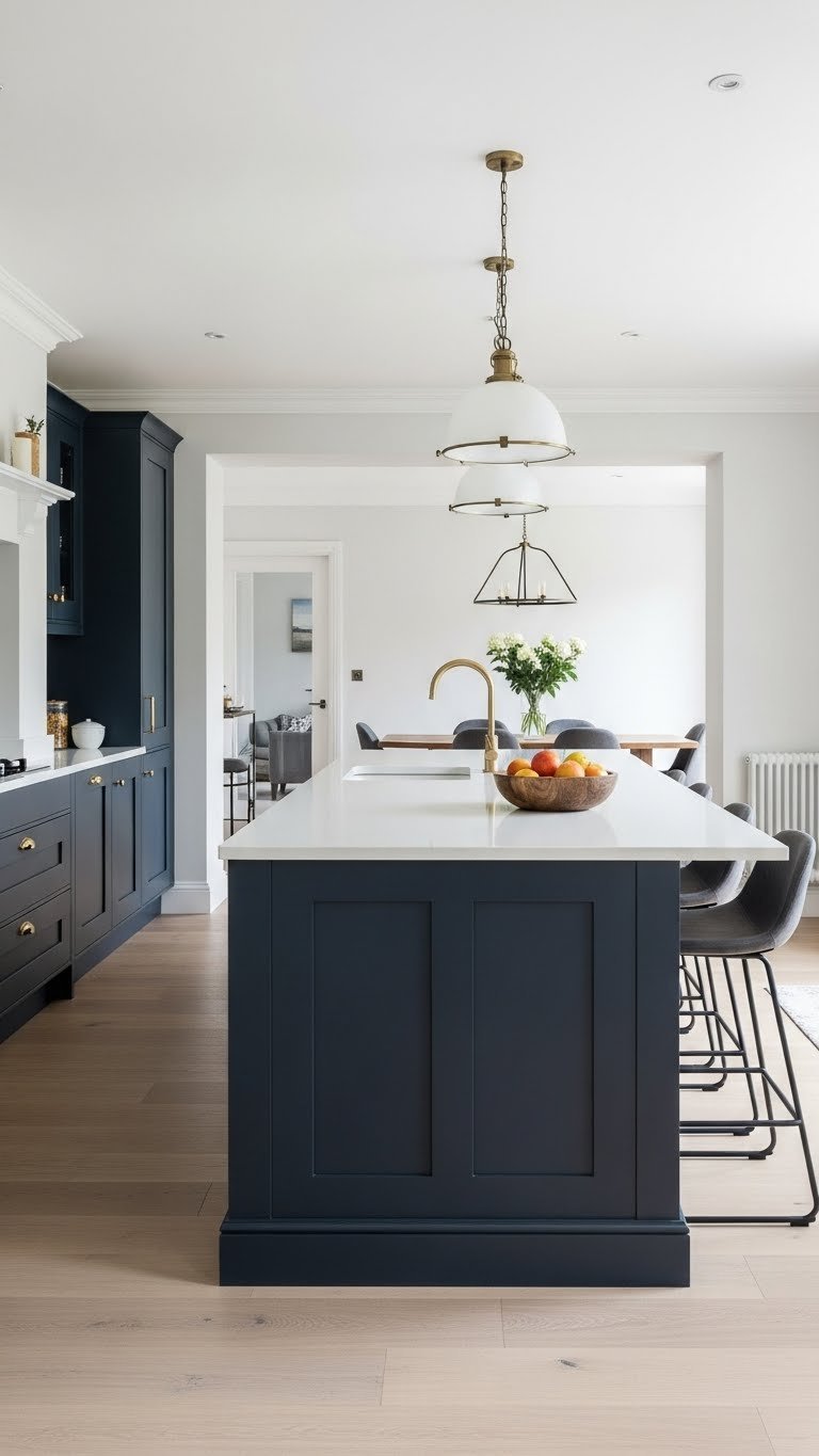 Large navy blue kitchen island with white countertop, pendant lights, and bar stools in open-plan design.