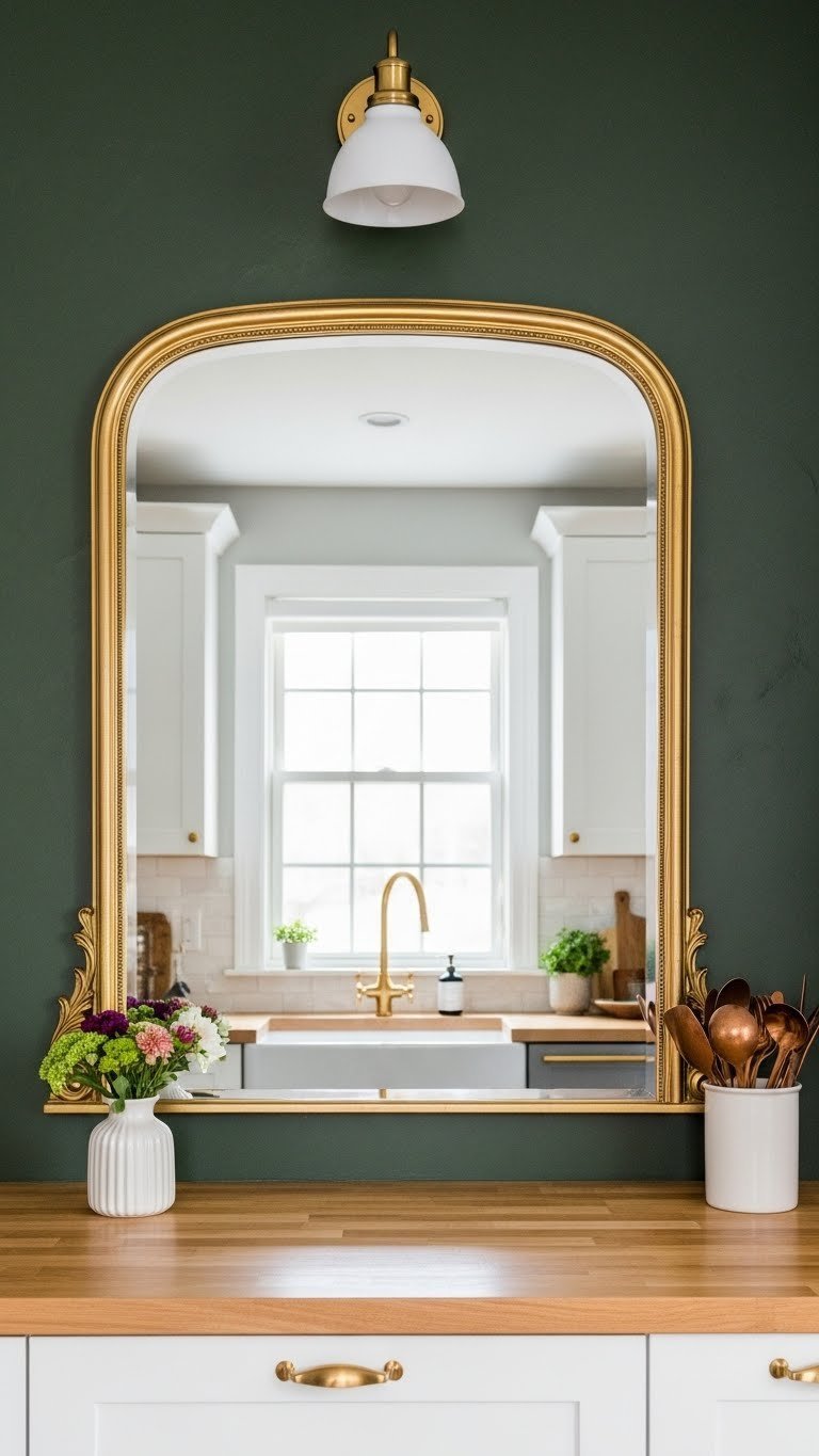 Large ornate gold-framed mirror leaning against dark forest green wall reflecting kitchen space