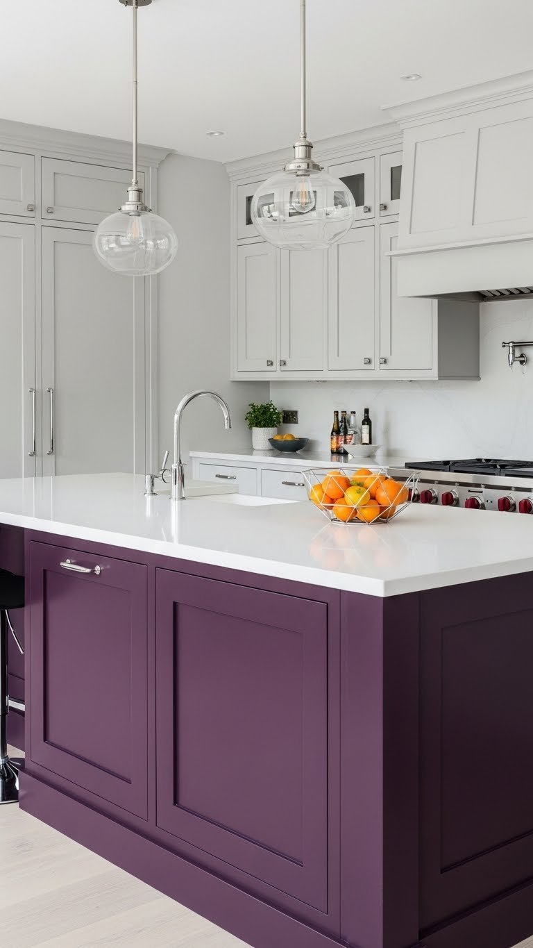 Large plum kitchen island with a white waterfall countertop, sleek pendant lights, and minimalist gray cabinets. Elegant, sophisticated design.