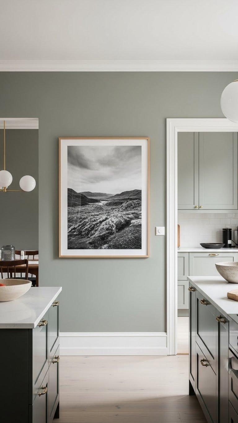 Large-scale abstract painting or black and white landscape photograph framed in natural wood on prominent kitchen wall