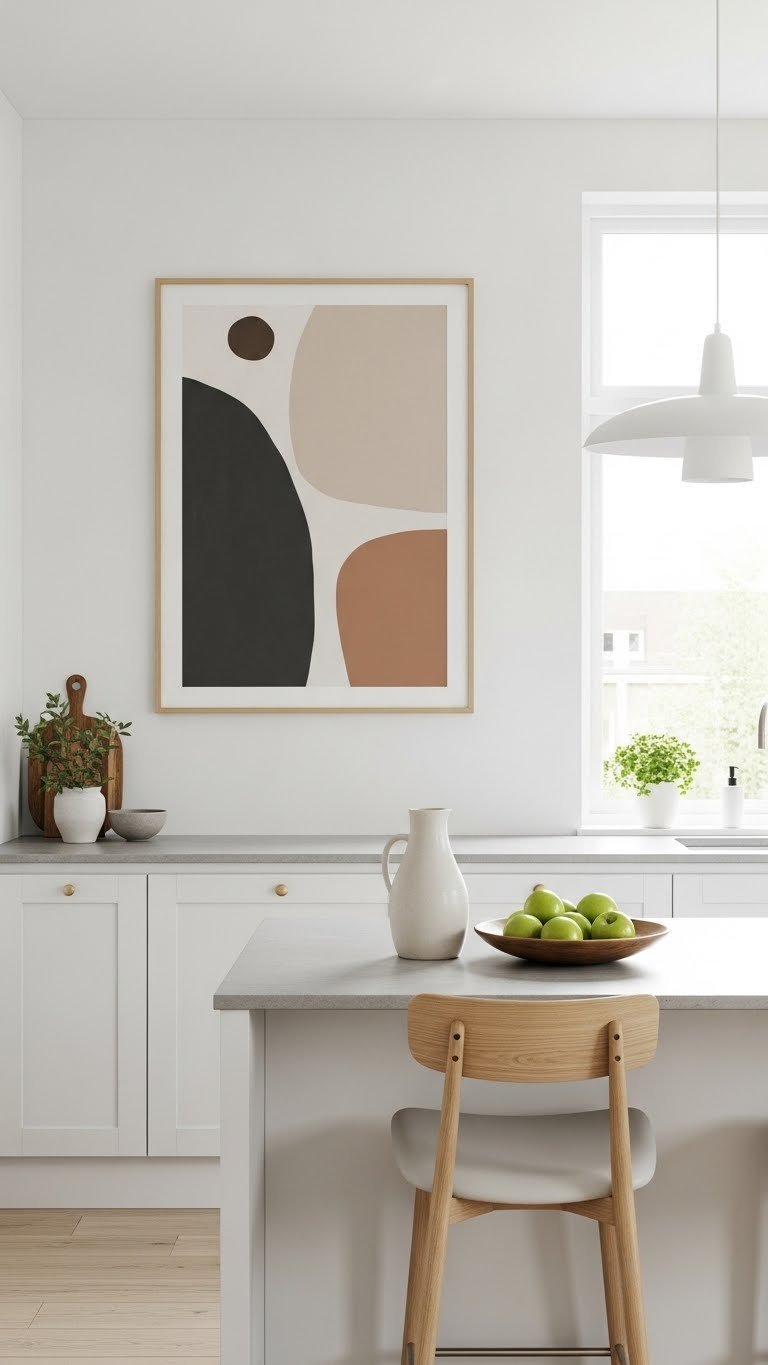 Scandi Kitchen Artwork: 11 Essential Ideas For A Cozy Home 14 Large-scale abstract scandi art piece in earthy tones hanging above minimalist kitchen island with white cabinetry