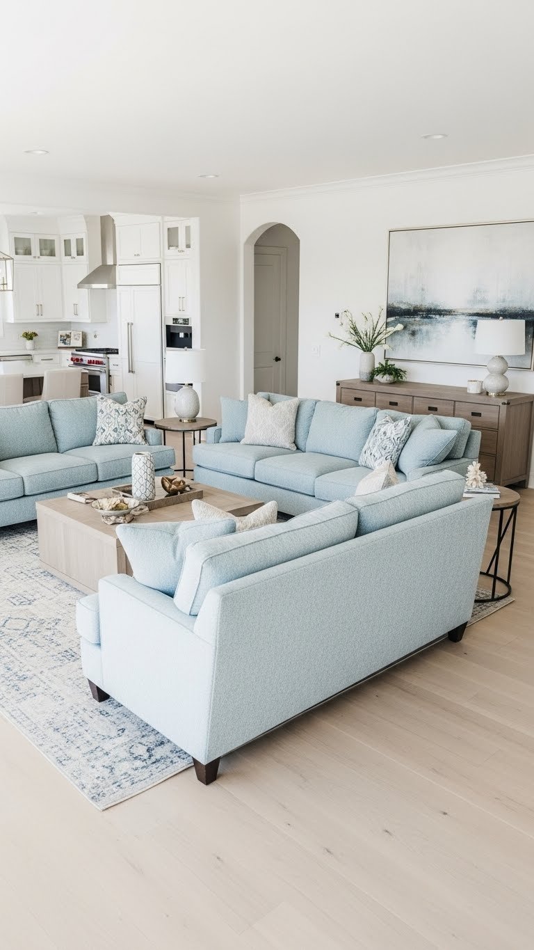 Large sectional sofa and scaled furniture in an open concept living room, well-proportioned for the space. Light blues, creams, natural woods.