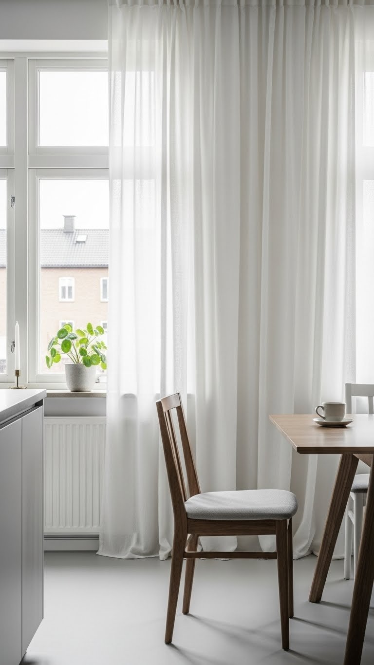 Large window with sheer linen curtains filtering natural light into bright Scandinavian kitchen dining space