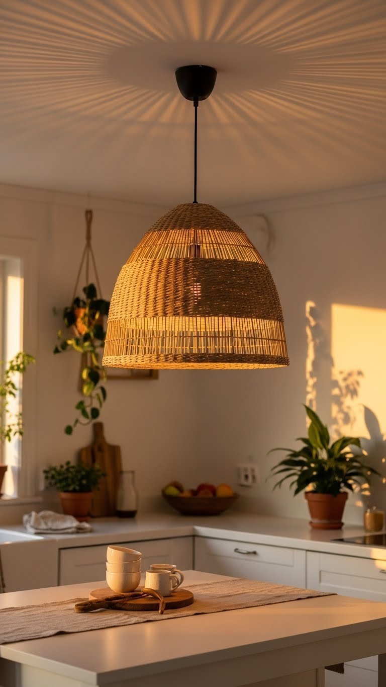 Large woven rattan pendant light casting patterned shadows over white kitchen island in boho-Scandi style