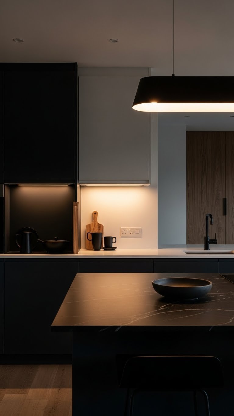 Dark Kitchen Aesthetic Secrets To Chic Home Design 5 Layered dark kitchen lighting: under-cabinet LEDs and pendant light casting warm glow on a marble island. Cozy ambiance.