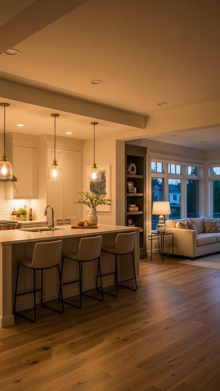 Layered lighting defines open kitchen living room: task, accent. Warm golden light.