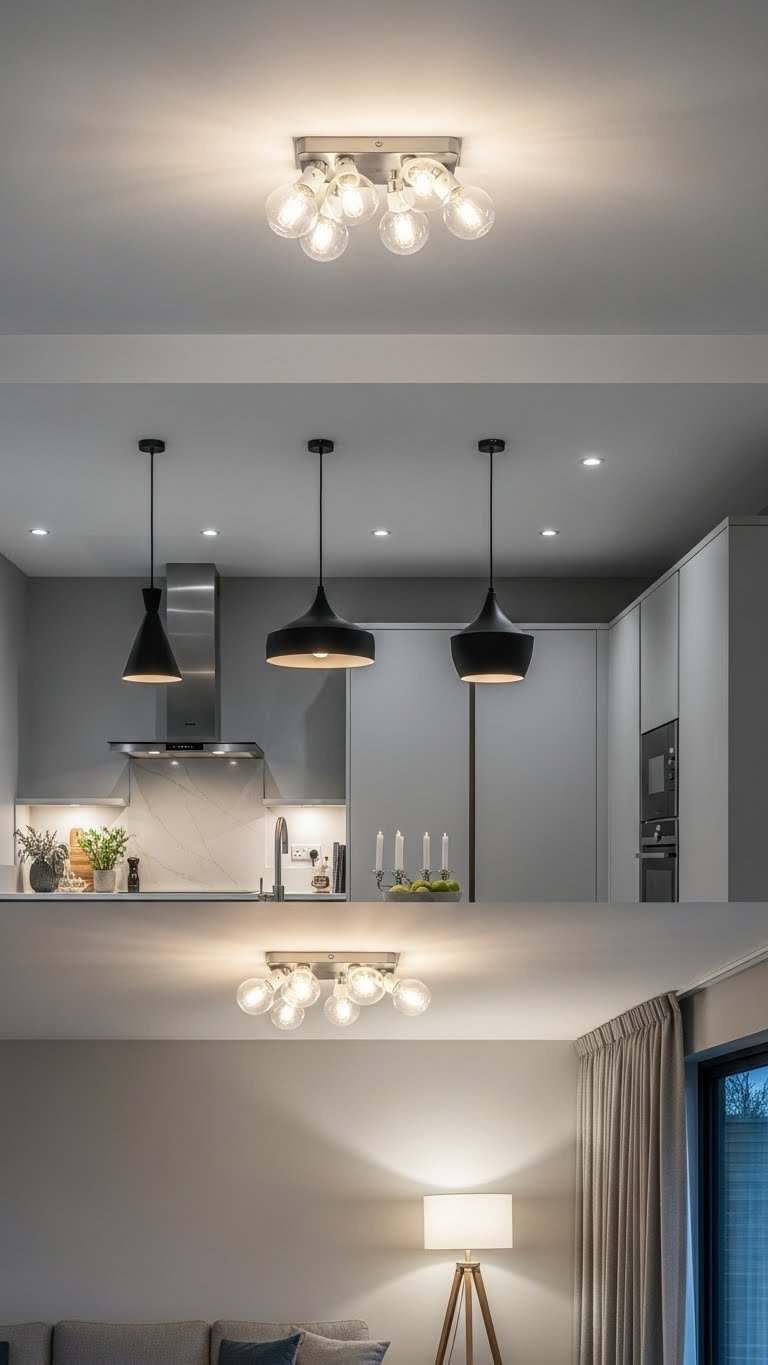 Layered lighting defines open kitchen/living. Pendant, recessed, floor lamps. Elegant grays, soft light.