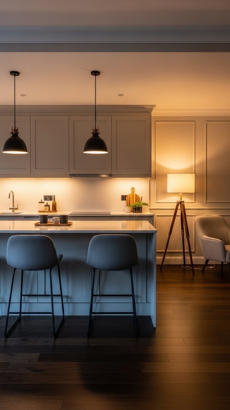 Layered lighting defines zones in open kitchen living at dusk. Creates cozy ambiance. Warm tones.