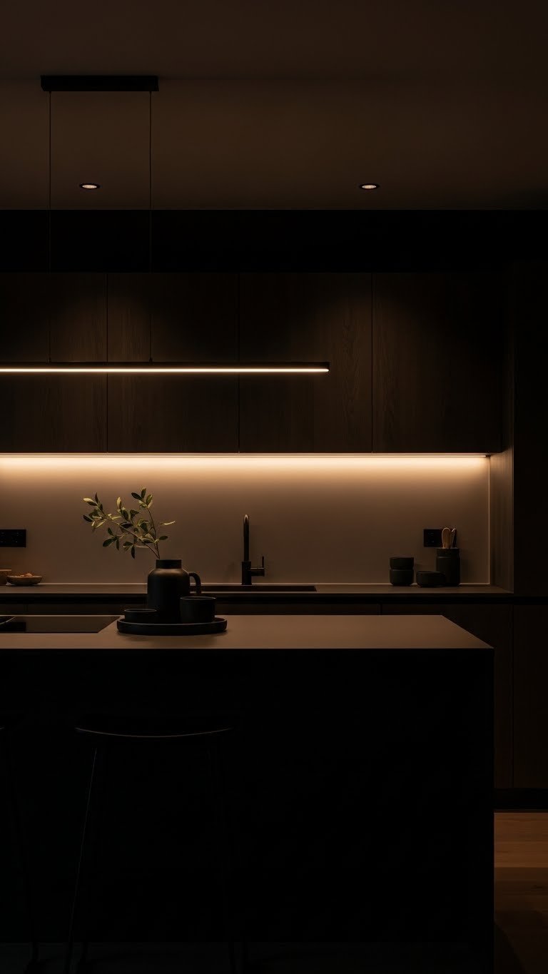 Layered lighting in a dark kitchen: LED task lights, recessed ambient lights, and a dramatic island pendant light at golden hour.