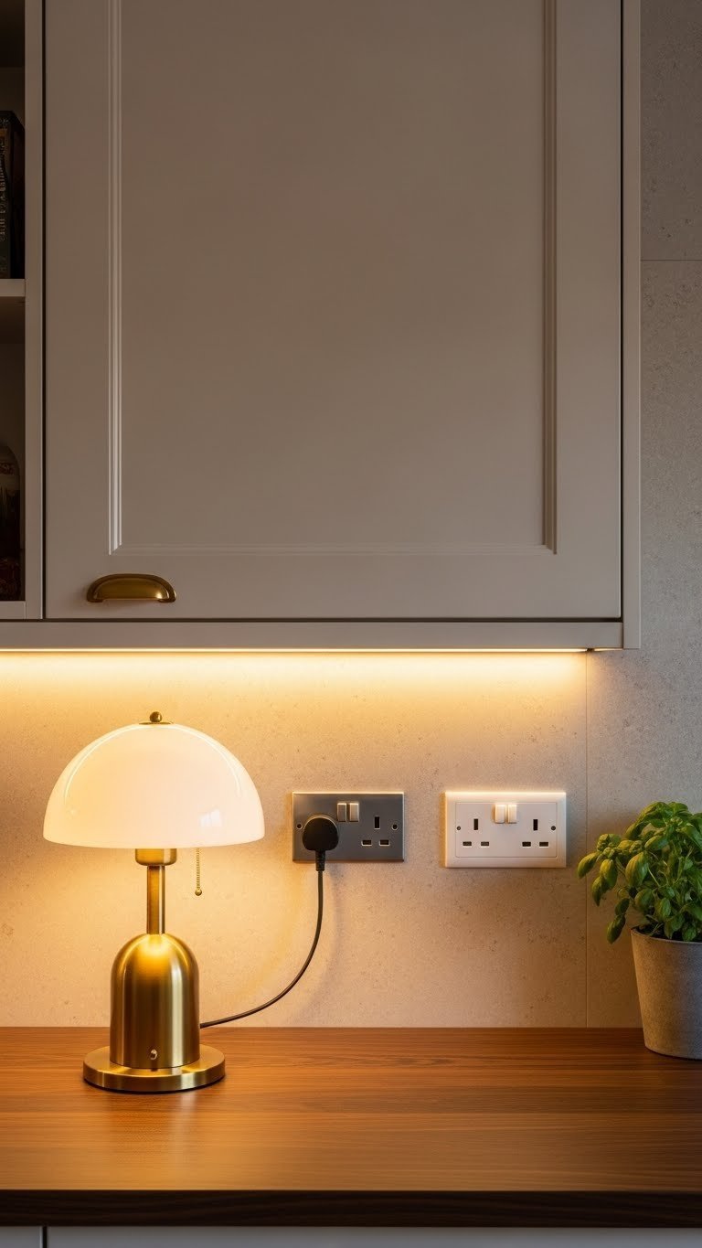 Layered lighting in an open kitchen living room: under-cabinet LEDs, recessed lights, and a floor lamp create warm, inviting, and functional zones.