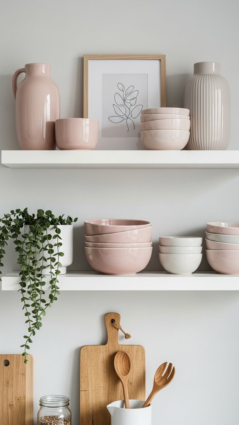 Layered scandi kitchen shelf arrangement with varying heights, textured bowls, cutting board, and minimalist art print