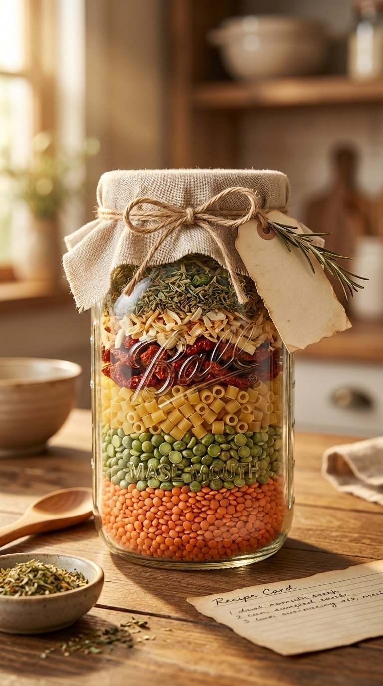 Layered soup mix in Mason jar with colorful ingredients and fabric lid on rustic wooden table