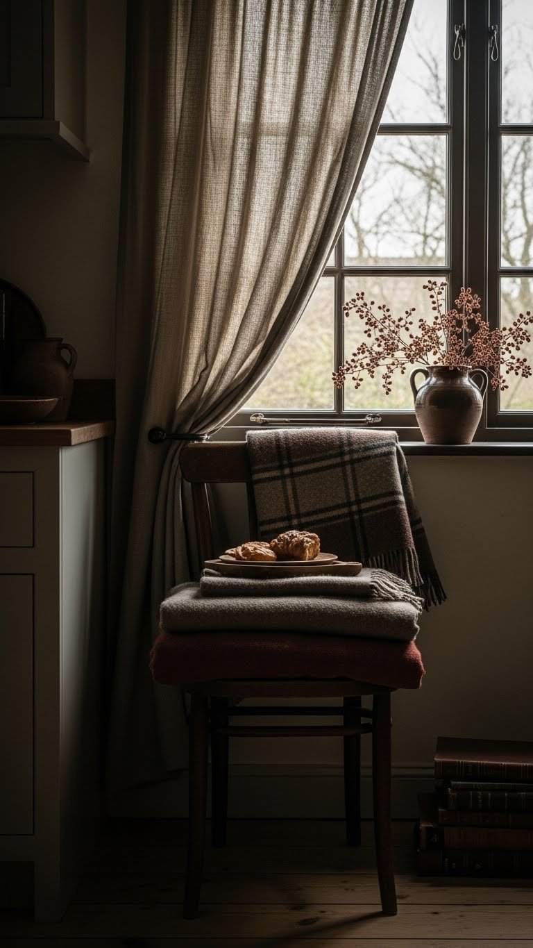 Layered textiles: heavy linen curtain, wool throw on dark chair in cottagecore kitchen. Natural fibers, earthy tones, cozy.