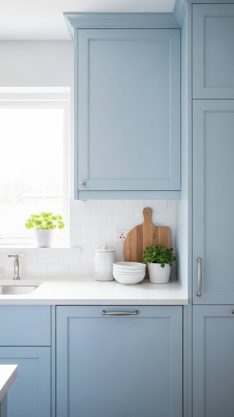 Light blue kitchen cabinets with minimalist hardware on pristine white countertops in a bright, airy small kitchen space.