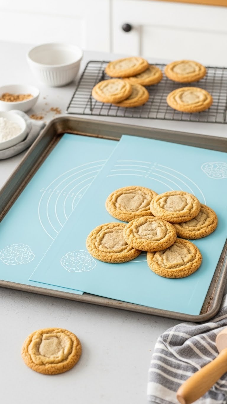 Light blue silicone baking mats with golden-brown cookies cooling on metal baking sheet in kitchen
